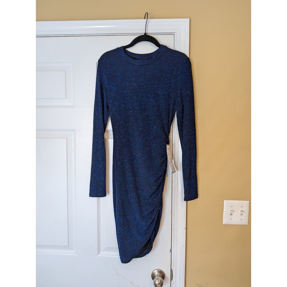 B. Darlin Metallic Ruched Asymmetrical Bodycon Dress Size M Blue Black NWT